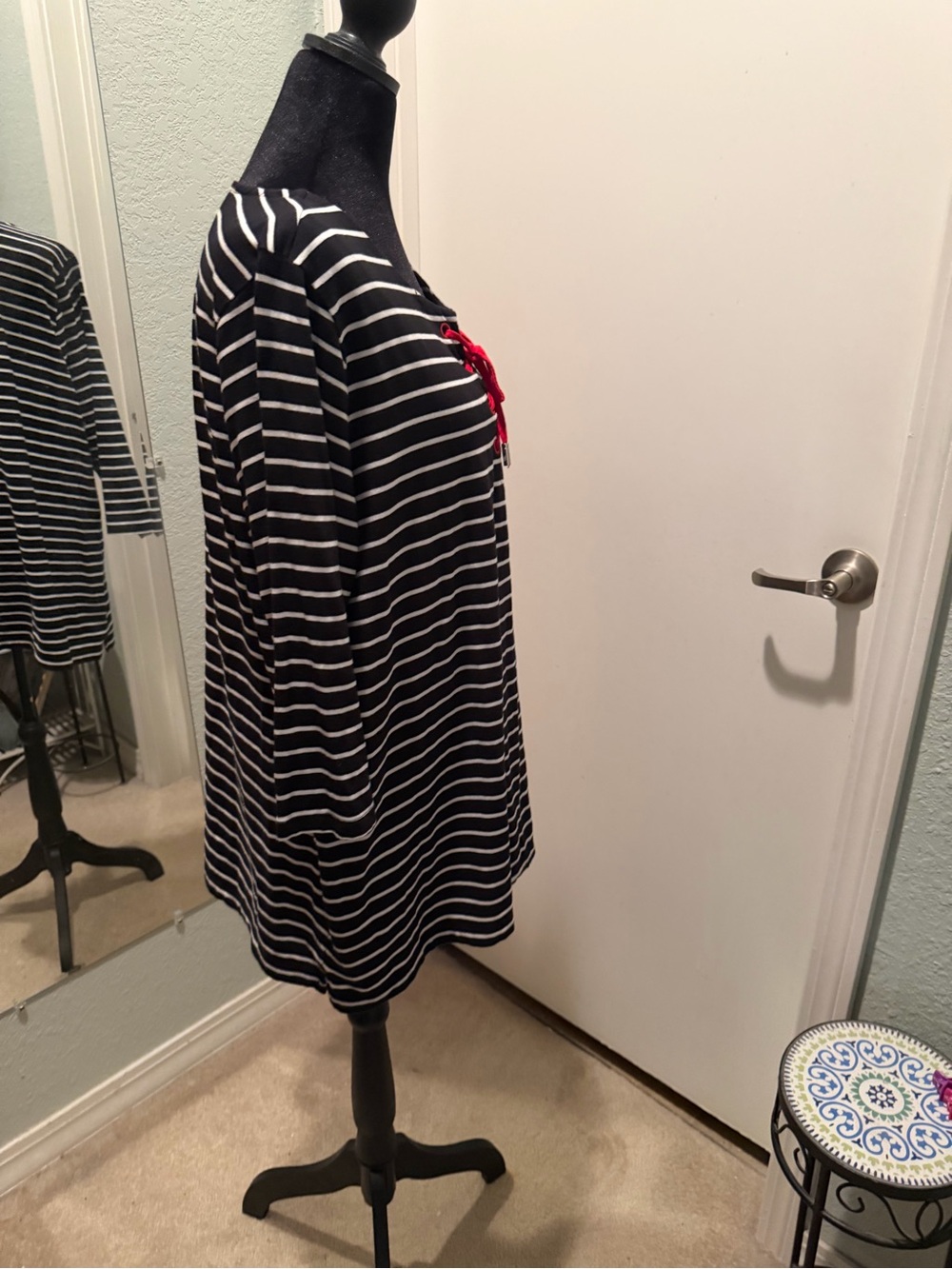 Susan Graver Black & White Striped Lace-Up Tunic with Red Accent - Picture 3 of 5